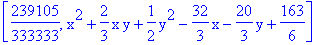 [239105/333333, x^2+2/3*x*y+1/2*y^2-32/3*x-20/3*y+163/6]